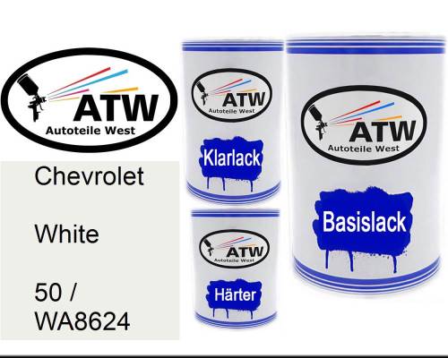 Chevrolet, White, 50 / WA8624: 500ml Lackdose + 500ml Klarlack + 250ml Härter - Set, von ATW Autoteile West.